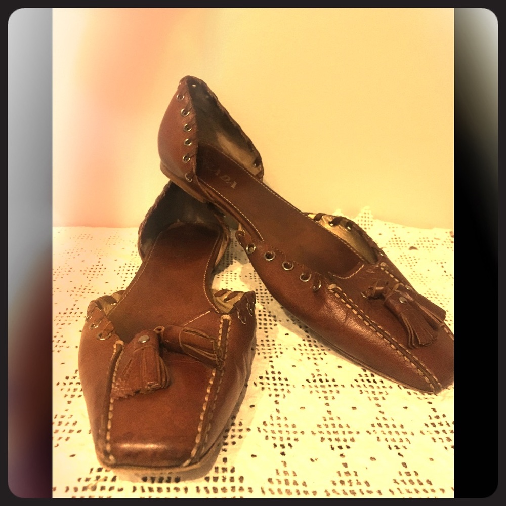 Prada brown leather flats 37.5/7.5 US women's